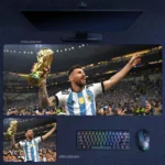 Messi Argentina 2022 World Cup Mouse Pad featuring a stadium celebration scene with trophy