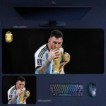 Messi Argentina 2022 World Cup Mouse Pad featuring Messi kissing the World Cup trophy