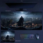 Batman Gotham Skyline Desk Mat showing a lone vigilante overlooking a shadowy city at night