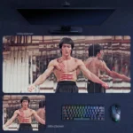 Bruce Lee desk mat featuring a classic mirror room scene with strong kung fu film atmosphere