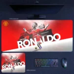 Cristiano Ronaldo mouse pad featuring a Manchester United stadium poster design with bold Ronaldo typography, red-white graphics, and two player visuals