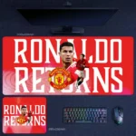 Cristiano Ronaldo mouse pad featuring a Ronaldo Returns graphic with bold text, Manchester United crest, and layered player images in desk mat and mouse pad sizes