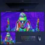 Counter-Strike neon pistol agent desk mat with mohawk portrait and purple street-art style