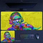 Counter-Strike female agent desk mat with headset, knife, and bold yellow pop-art styling