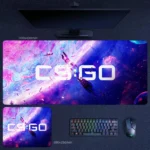 CSGO space logo desk mat with cosmic purple art and floating player silhouette