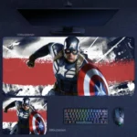 Captain America Shield Battle Desk Mat in large and small sizes for Marvel fans, gamers, and heroic workspace setups