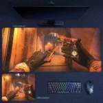 CS2 Skin Inspect Desk Mat showing a first-person weapon skin view with gloves, sticker detail, and warm alley lighting