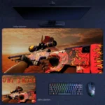 CS2 Weapon Skin Desk Mat with bold sniper skin artwork, first-person aim view, and fiery desert match atmosphere
