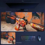 CS2 Weapon Skin Desk Mat featuring a custom rifle skin with bold sticker layering, flame graphics, and tournament-inspired detail