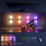 CS2 Weapon Skin Desk Mat featuring a neon-lit pistol skin with colorful sticker accents, glossy floor reflections, and nightlife-inspired FPS mood