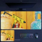 CS2 Weapon Skin Desk Mat featuring a bright yellow SMG skin with warning-sign graphics, industrial props, and bold close-range FPS style