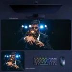 Rodri Man City 2023 Champions League Desk Mat featuring Rodri holding a golden trophy in a calm, commanding champion portrait