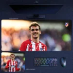 Antoine Griezmann Atletico Madrid Mouse Pad featuring a relaxed smiling portrait in red and white stripes