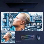 Haaland Welcome to Manchester Desk Mat with bold city collage art inspired by his Manchester City era