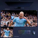 Haaland Goal Roar Desk Mat featuring Haaland’s intense goal celebration in Manchester City blue