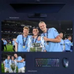 Haaland Champions Photo Desk Mat featuring Haaland with Manchester City teammates and the Champions League trophy after the 2023 win
