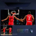 James Harden duo desk mat featuring Clippers star connection with Kawhi Leonard in a live game scene