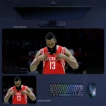 James Harden Houston Pride Desk Mat on a dark basketball desktop setup highlighting his Rockets jersey moment