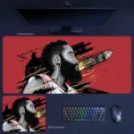 James Harden Rocket Launch Desk Mat on a dark desktop setup with red graphic artwork and Houston-inspired rocket imagery