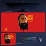 James Harden Portrait Desk Mat on a dark desktop setup with bold red background and minimalist Rockets-inspired artwork