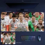 Harry Kane Bayern Team Trophy Desk Mat featuring Kane with Bayern teammates gathered around the league trophy