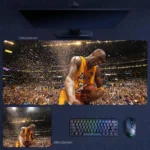 Kobe Bryant Lakers Championship Celebration Desk Mat featuring Kobe in a confetti-filled arena during a title-winning moment for Lakers fans and NBA collectors