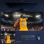 Kobe Bryant Lakers Arena Salute Desk Mat showing Bryant from behind in his No. 24 jersey facing a roaring championship crowd in a Lakers collector setup