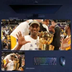 Kobe Bryant Lakers 5 Titles Desk Mat featuring Bryant smiling with the NBA trophy and holding up five fingers to mark his Lakers championship legacy