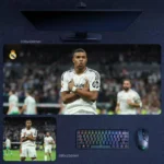 Kylian Mbappe Real Madrid Mouse Pad featuring Mbappe in Madrid white with his signature crossed-arms celebration during a high-intensity match