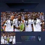 Kylian Mbappe Real Madrid Mouse Pad featuring Mbappe posing with teammates, medals, and a major trophy in Madrid white