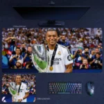 Kylian Mbappe Real Madrid Mouse Pad featuring Mbappe holding a major trophy alone with a medal around his neck in Madrid white
