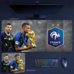 Kylian Mbappe France 2018 World Cup Mouse Pad showing Mbappe kissing the World Cup trophy beside the France crest