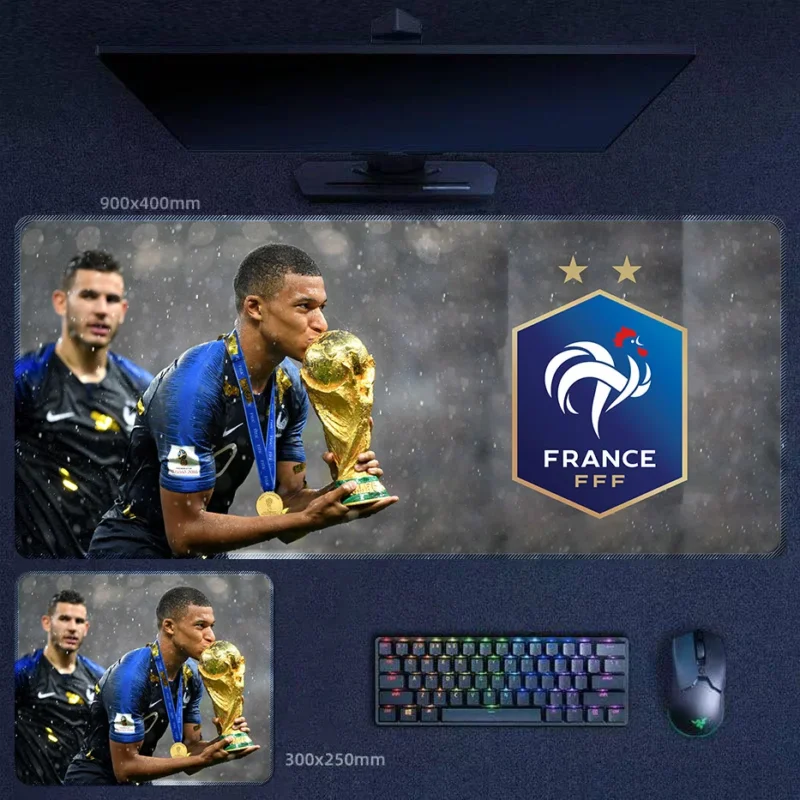 Kylian Mbappe France 2018 World Cup Mouse Pad showing Mbappe kissing the World Cup trophy beside the France crest