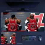 Michael Jordan Pippen Bench Moment Desk Mat showing Jordan 23 and Pippen 33 seated side by side in red Chicago Bulls jerseys