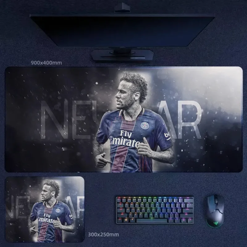 Neymar PSG Mouse Pad with dramatic Neymar portrait in Paris Saint-Germain jersey and dark stadium-inspired background
