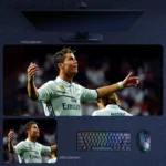 Cristiano Ronaldo desk mouse pad featuring a close-up Real Madrid match portrait with open-arm gesture, displayed in long and small sizes