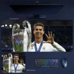 Cristiano Ronaldo champion mouse pad featuring him holding the Champions League trophy and raising five fingers, shown in extended and compact sizes