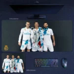 Cristiano Ronaldo trophy mouse pad showing him with Real Madrid teammates beside the Champions League trophy, displayed in extended and compact sizes