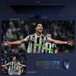 Cristiano Ronaldo Juventus desk mat showing an in-match celebration pose in team kit, displayed in extended desk mat and mouse pad sizes