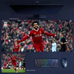 Mohamed Salah Liverpool Desk Mat featuring Salah running in celebration in Liverpool red, shown in extended and compact desk mat sizes