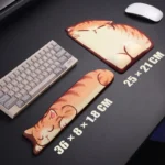 Sleepy Orange Tabby Wrist Rest Set with cat keyboard wrist rest and matching mouse pad wrist support, sizes 36×8×1.8 cm and 25×21 cm.