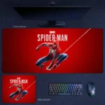 Spider-Man Desk Mat with classic red background and signature web-slinging pose