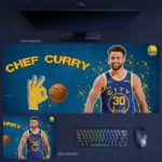 Chef Curry desk mat featuring Stephen Curry’s smile, Warriors colors, and three-point legend energy