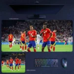 Lamine Yamal Spain Euro 2024 Desk Mat showing Yamal celebrating with a Spain teammate during the match