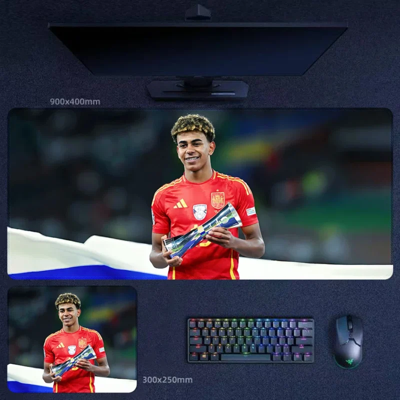 Lamine Yamal Spain Euro 2024 Desk Mat Rising Star Lamine Yamal Spain Euro 2024 Desk Mat with Yamal holding an individual award in Spain colors