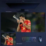 Rodri Spain Euro 2024 Desk Mat with Rodri kissing the trophy in Spain’s red kit
