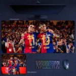 Lamine Yamal Barcelona Mouse Pad showing Yamal celebrating with a Barcelona teammate in a trophy-night football scene