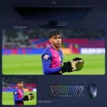 Lamine Yamal Barcelona Mouse Pad featuring Yamal holding an individual award in Barcelona colors on the pitch
