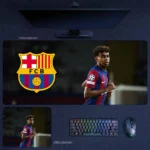 Lamine Yamal Barcelona Mouse Pad featuring Yamal in Barcelona kit beside the FCB crest in a European match-inspired scene