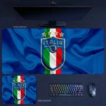 Italy national team desk mat with blue silk flag texture and crest design for premium football fan desk styling